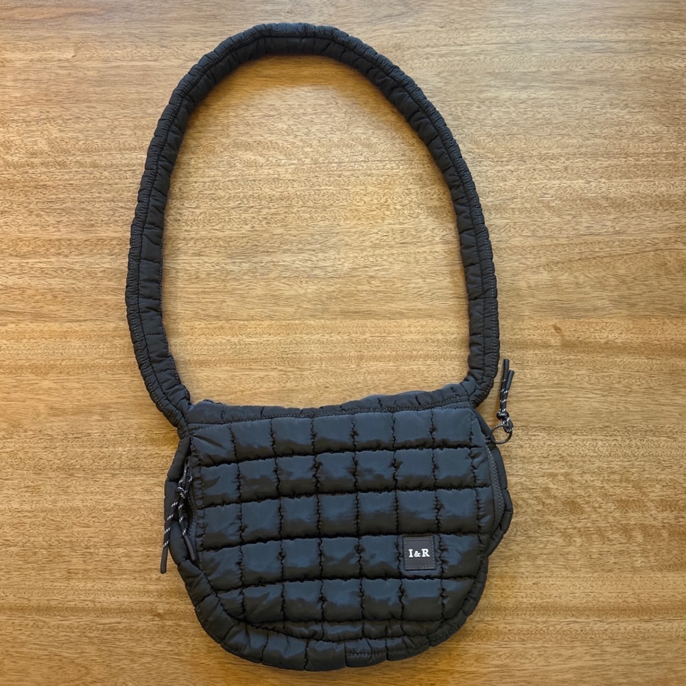 Iris & Rainbow Black Quilted Puffer Shoulder Bag Padded Strap I&R Logo Small